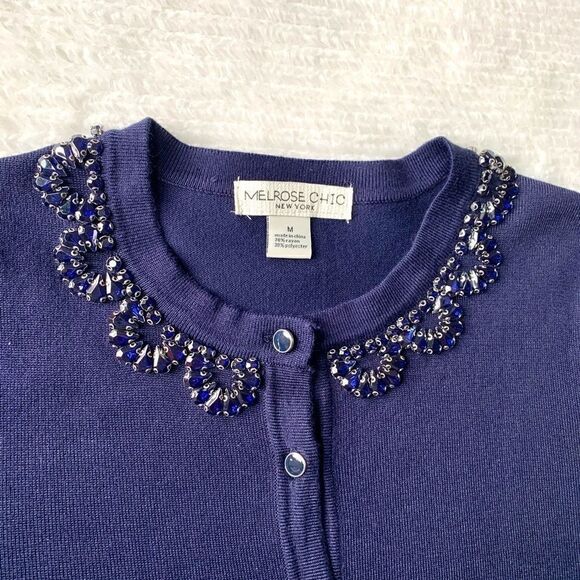 New Ladies Beaded Crewneck Cardigan In Navy - Picture 11 of 14